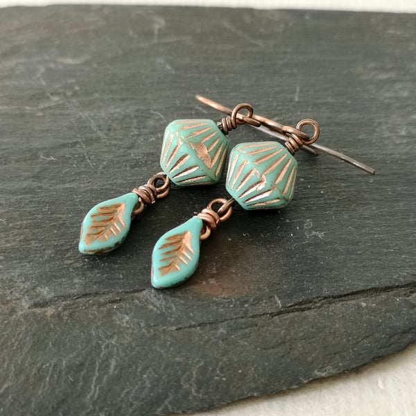 Mint green and turquoise Czech glass and copper earrings