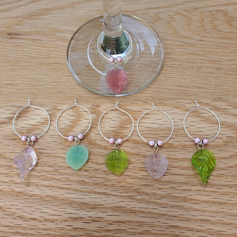 Wine Glass Charms – Set of 6 – Mixed Leaf Charms with Pink Miracle Beads