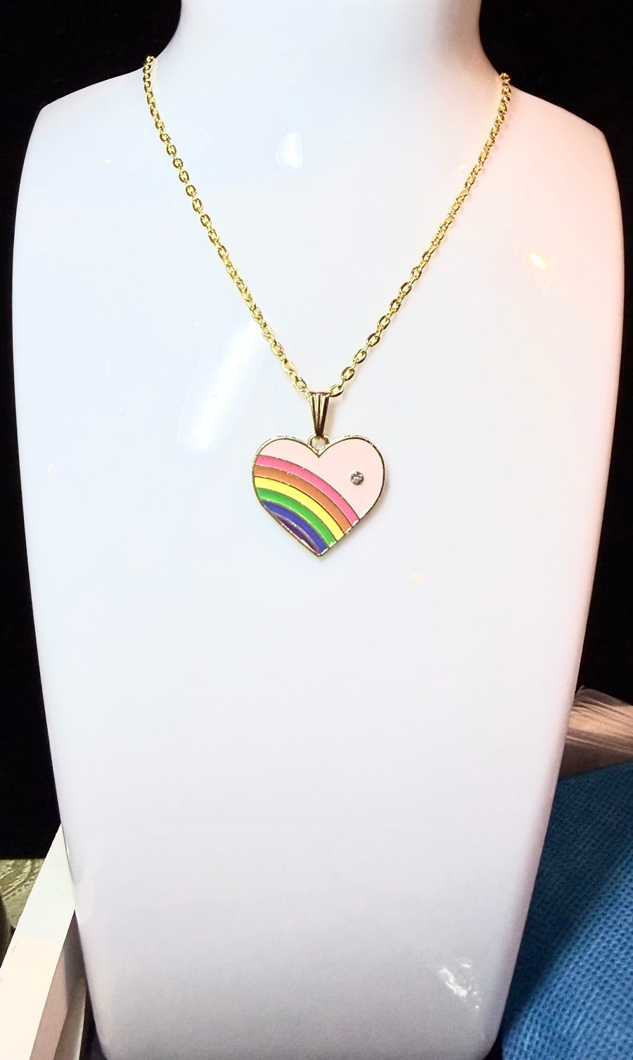 Handmade Pink Rainbow Heart Pendant Necklace with Rhinestone and 14K Gold Chain