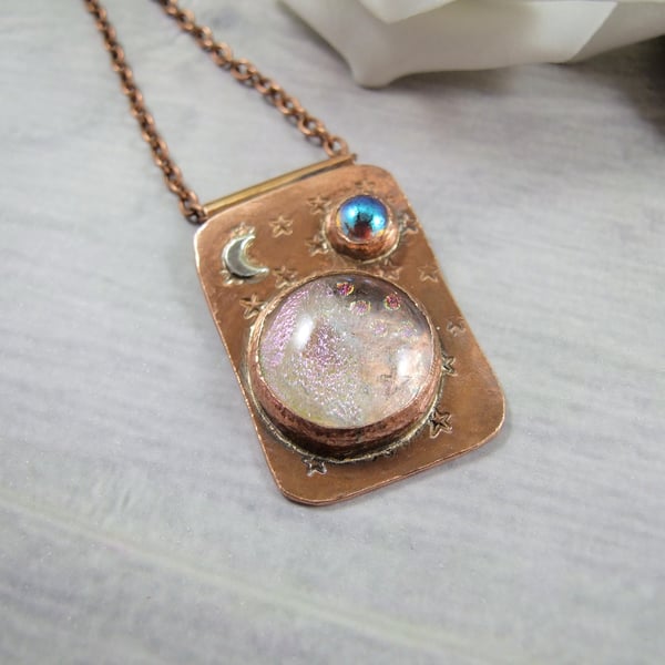 Night Sky Dichroic Glass and Copper Necklace. Artisan Pendant