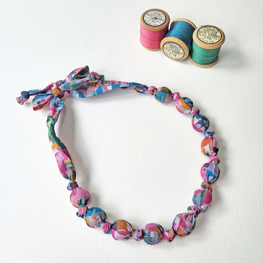 Pink Blue Green & Orange Liberty Print Fabric Necklace - Urban Jungle