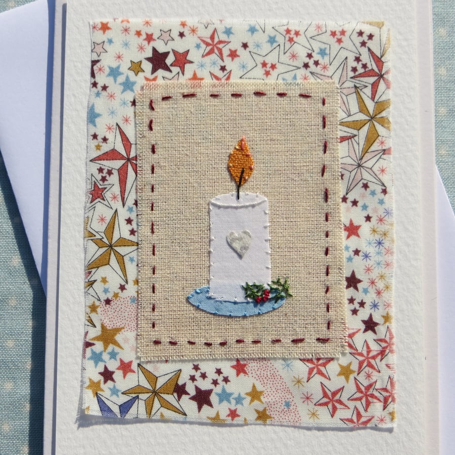 Christmas Candle hand-stitched miniature on recycled card, detailed and unique