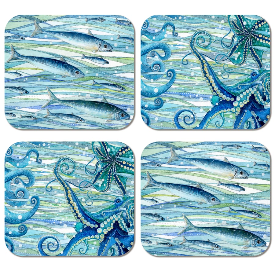 Nautical Coasters (Set of 4) Fish and Octopus - Coastal Underwater Art