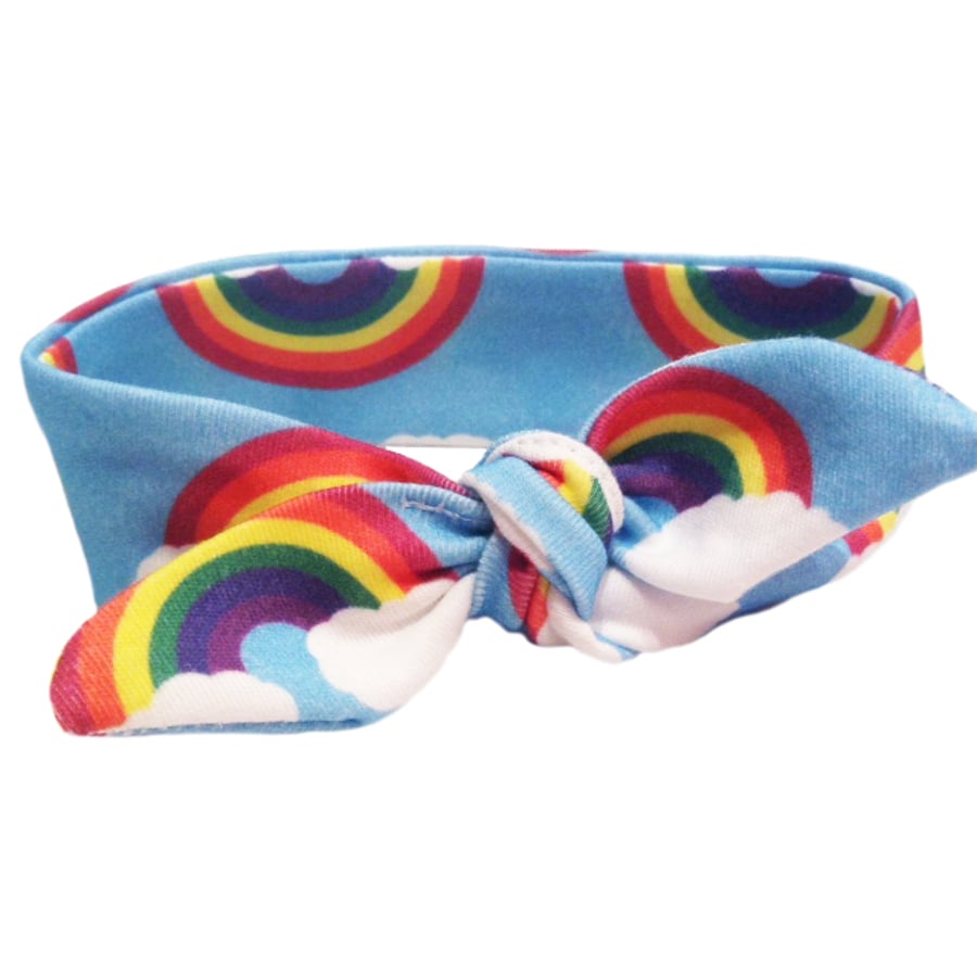 ORGANIC Baby Knotted Headband in RAINBOWS ON BLUE - A Modern Baby Gift Idea