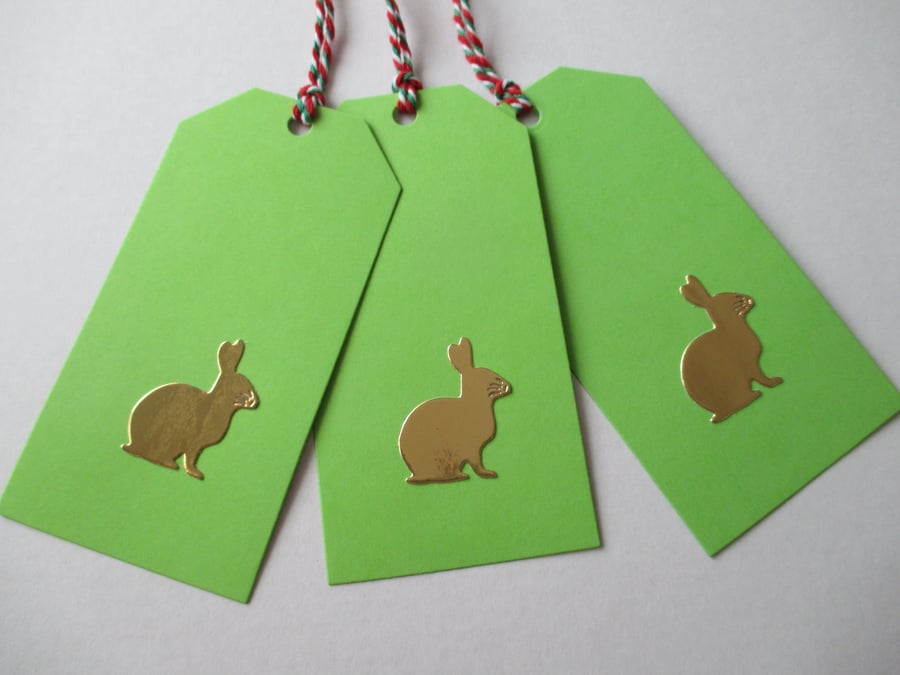 Gift Tag x 2 Bunny Rabbit Christmas Present Gold Green