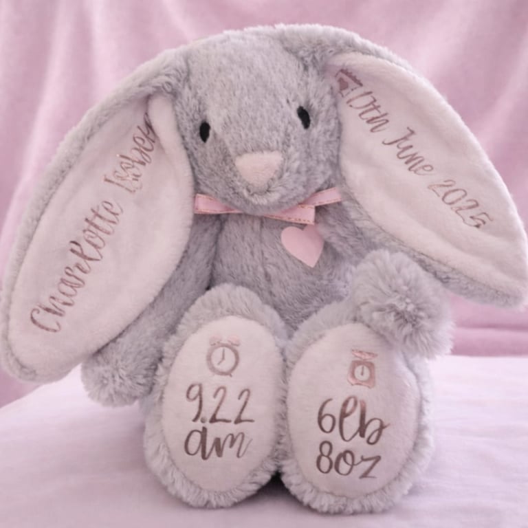 Personalised Bunny Soft Toy, Name & Date Keepsake, Baby Birth Gift, Newborn Gift