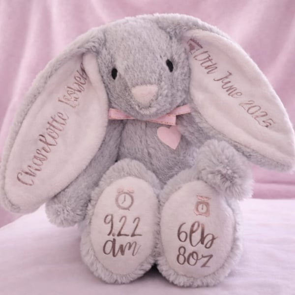 Personalised Bunny Soft Toy, Name & Date Keepsake, Baby Birth Gift, Newborn Gift