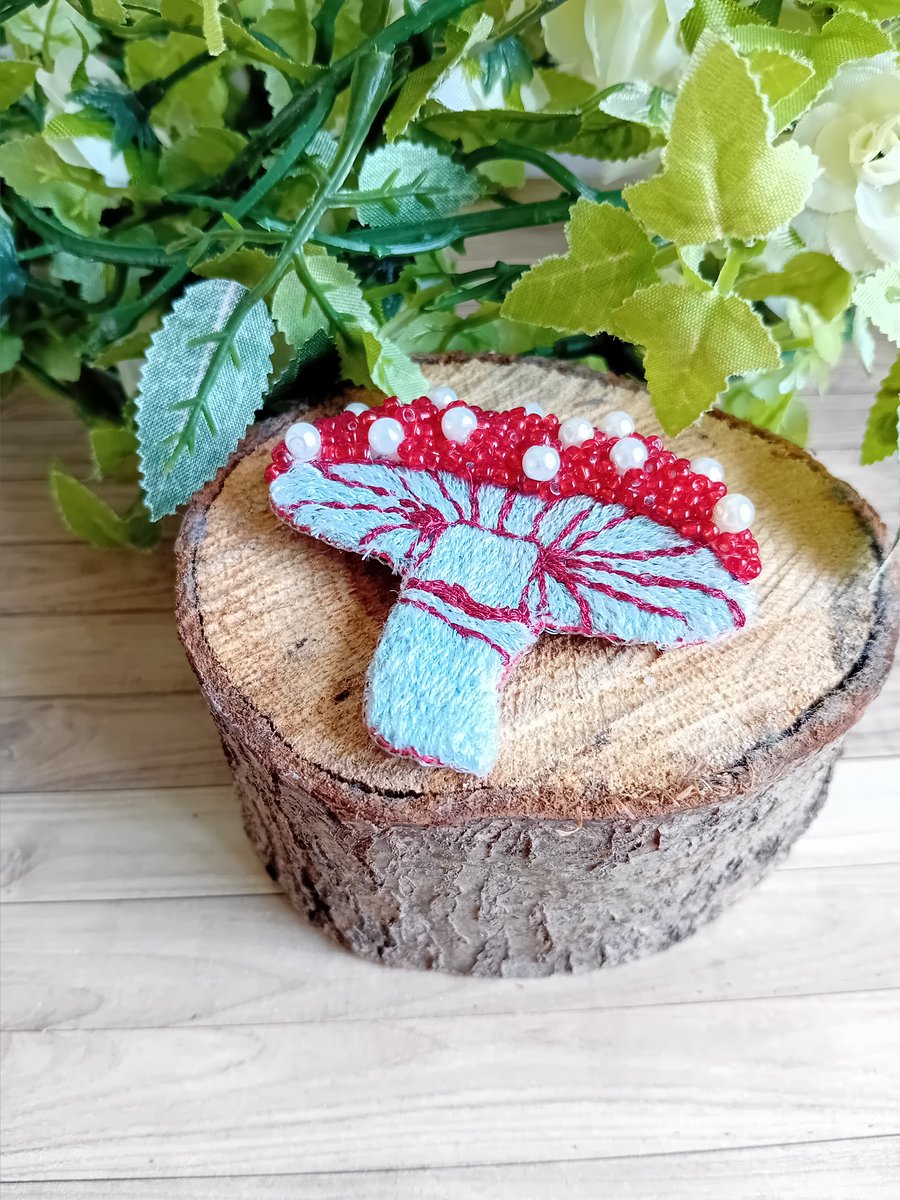 Hand Embroidered Mushroom Brooch