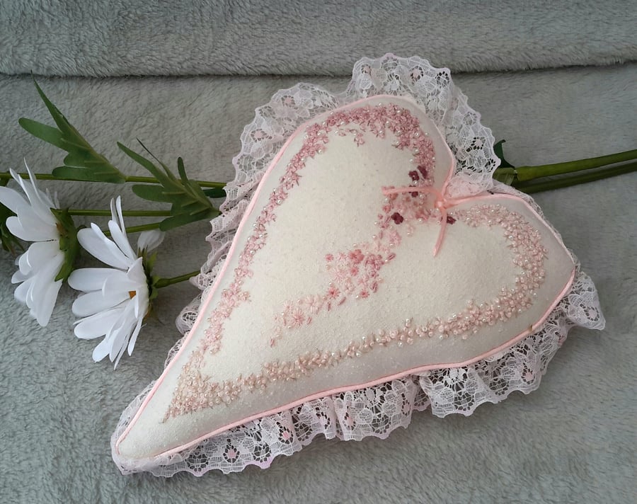 Hand Embroidered Heart, Fabric Hanging Heart, Bridal Gift, Ring Pillow