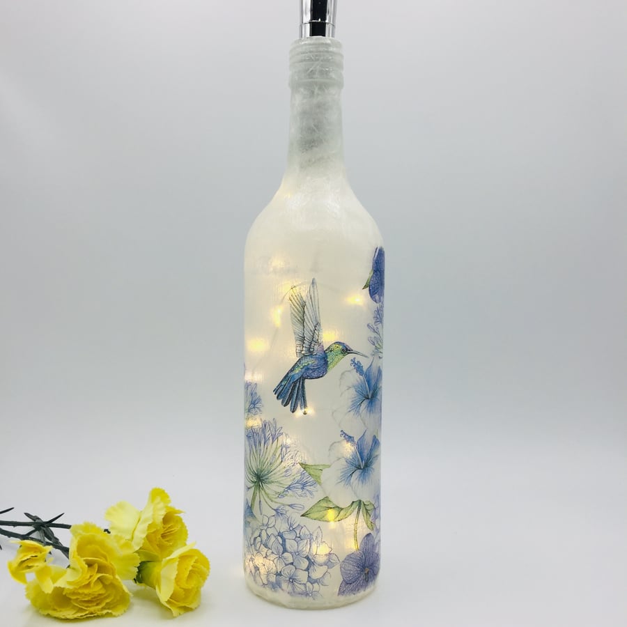 Hummingbird Decoupage Bottle with LED Lights 