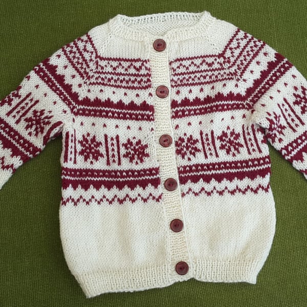 Striking Nordic Cardigan in Natural & Wine, in a Warm Wool Mix. For 2-3 years.