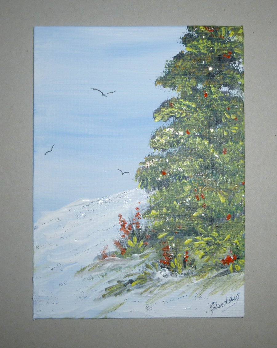 art painting winter tree acrylic snow scene with glitter ( REF FA610  D1 )