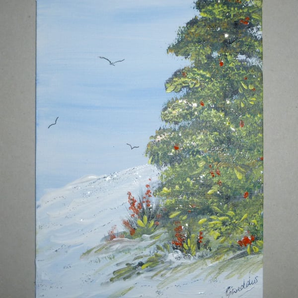 art painting winter tree acrylic snow scene with glitter ( REF FA610  D1 )