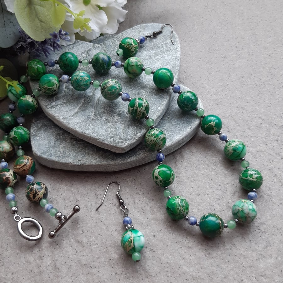  Variscite Aventurine sodalite  Beaded Necklace and Earring  