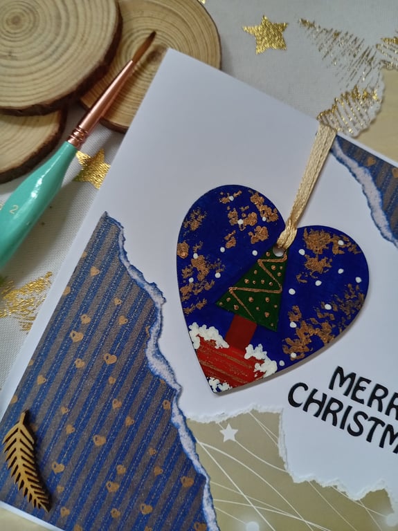 Christmas card with a wooden Christmas treedecoration