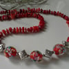 Eco Reclaimed Coral  Nugget & Fancy Floral Lampwork Bead Necklace Silver Plated