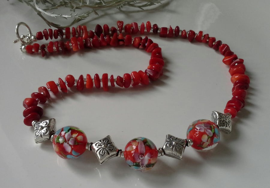 Eco Reclaimed Coral  Nugget & Fancy Floral Lampwork Bead Necklace Silver Plated
