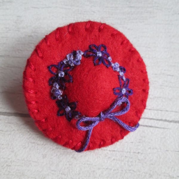 Red Felt Hat Brooch with Purple Hand Embroidered Flowers, Red Hat Brooch