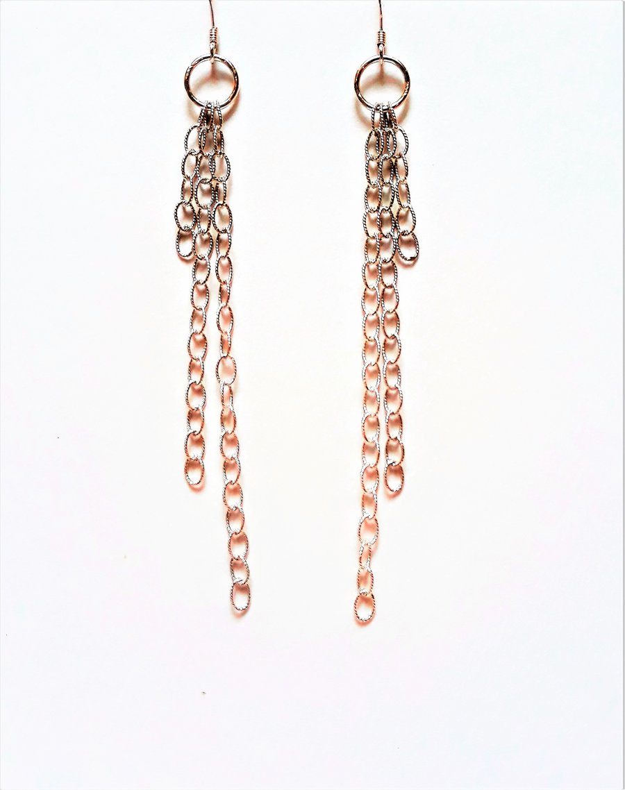 Long Silver Earrings, Sparkling 925 Sterling Chain Dangles