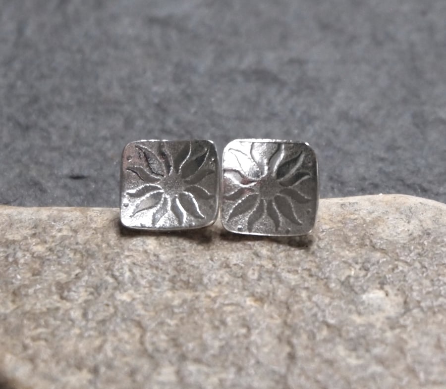 Argentium silver square stud earrings, silver studs, 