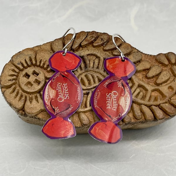 Orange Chocolate Crunch recycled Quality Street Tin earrings with Silver