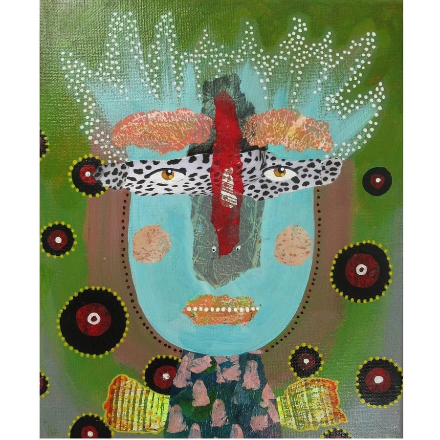 Outsider Art Brut Portrait Painting On Canvas Blue Green Weird Surreal Face