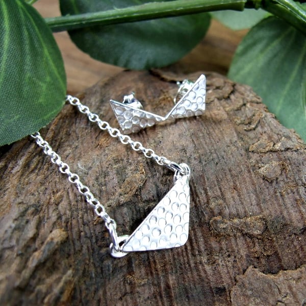 Recyled Silver Triangle Pendant and Earring Set, Sterling and Recycled Silver
