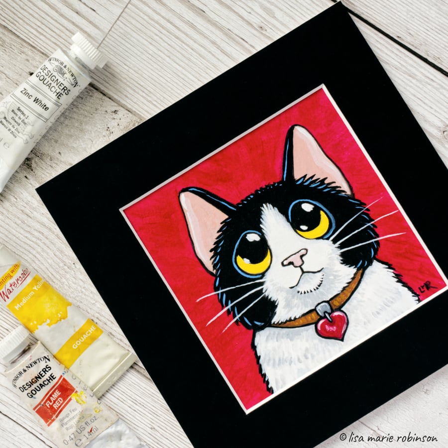 Valentine Cat Tuxedo Kitty Heart Collar - Original Painting - 4 x 4 inch