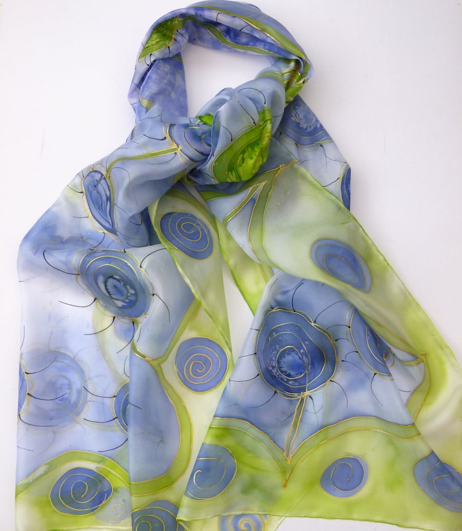 Hand Painted Blue and Green Abstract  Silk Scarf