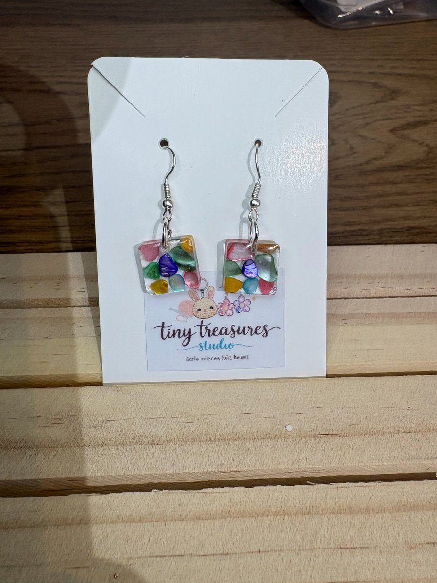 Handmade Square Resin Dangle Earrings with Coloured Stones Jewellery