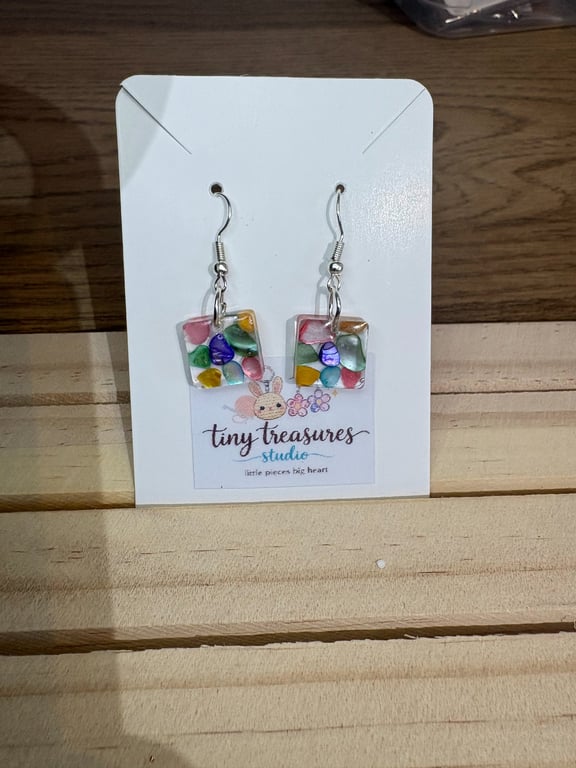 Handmade Square Resin Dangle Earrings with Coloured Stones Jewellery