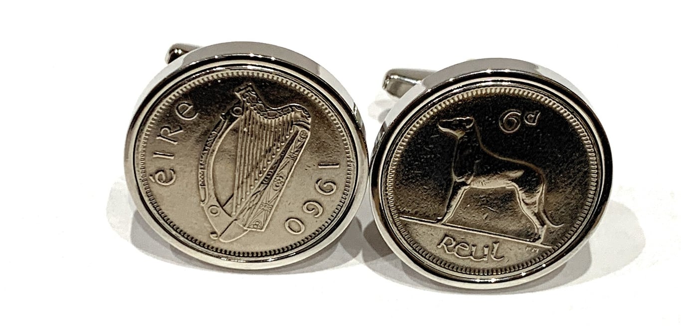 65th birthday Luxury 1960 Irish Sixpence Cufflinks Original Irish sixpences