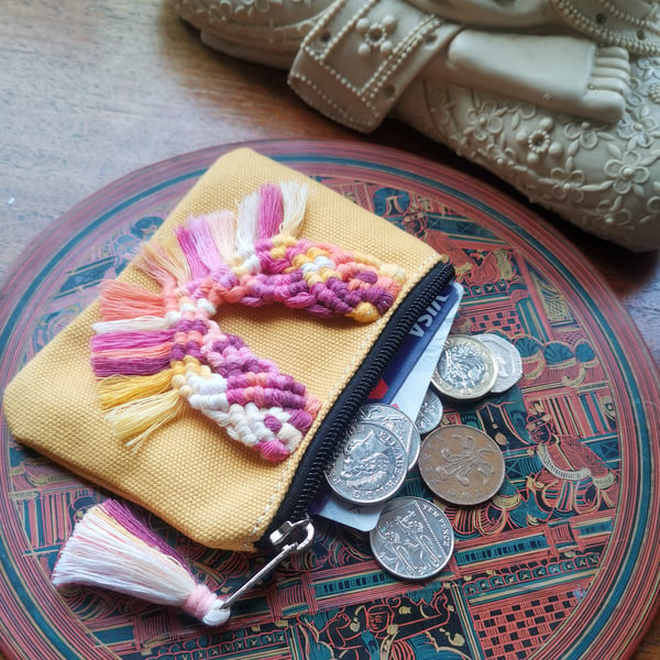 Coin purse, macrame card wallet, bright summer colour 