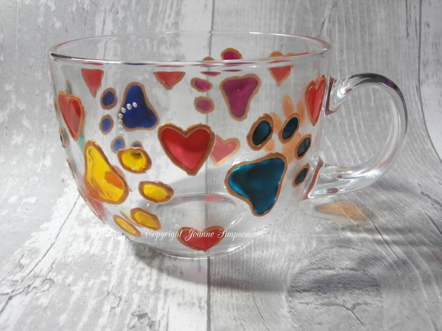 Hand painted pet memorial mug cup. Pawprints and hearts