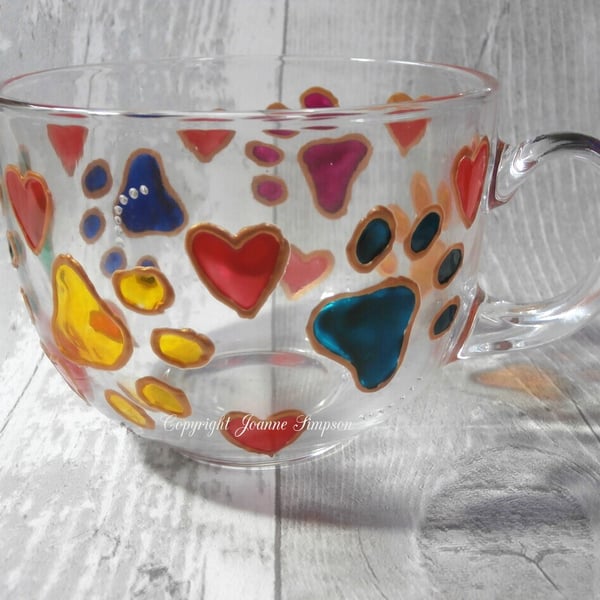 Hand painted pet memorial mug cup. Pawprints and hearts