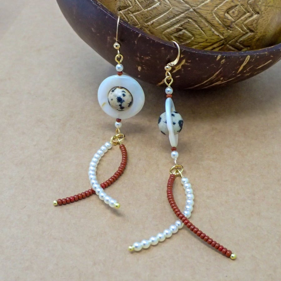 Statement Brown Beaded Dangle Earrings, with Gemstones and pearl Nacre Beads.