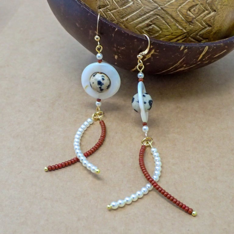 Statement Brown Beaded Dangle Earrings, with Gemstones and pearl Nacre Beads.