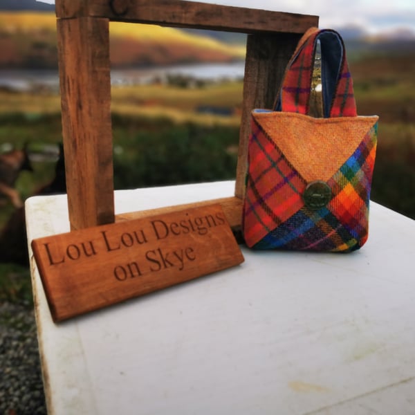 Unique criss cross patchwork Harris Tweed Bag with handmade glass buttons 
