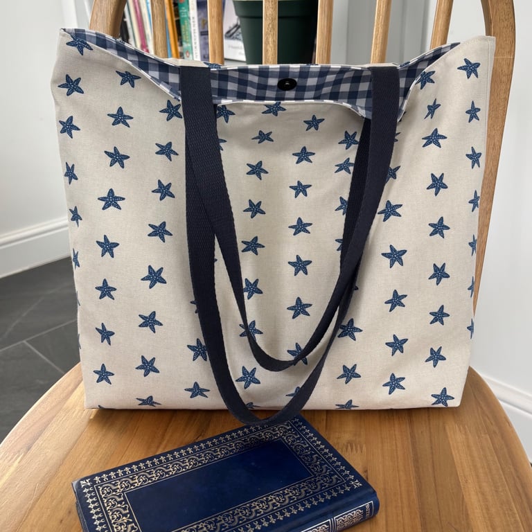 Tote bag, shoulder bag, starfish print cotton with blue gingham lining