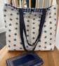 Tote bag, shoulder bag, starfish print cotton with blue gingham lining