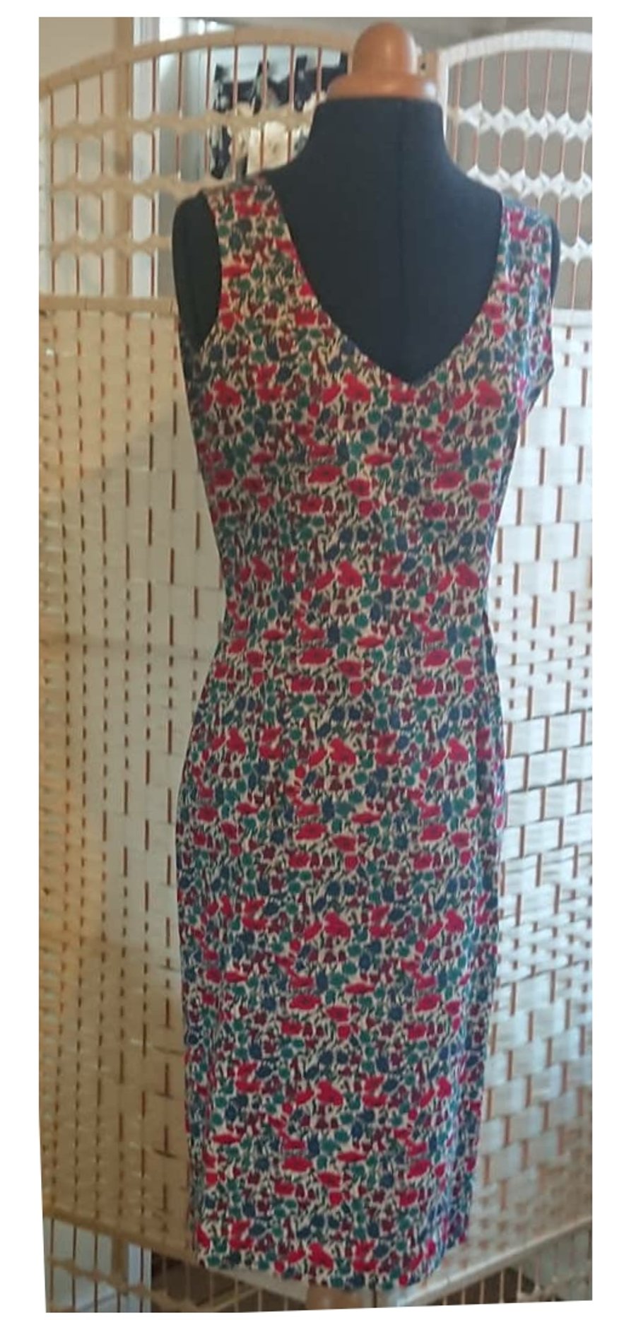 Short sleeveless Liberty print cotton summer dress with a v neck, unlined