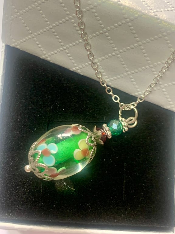 Lamp work Glass Bead and Crystal Pendant and Chain