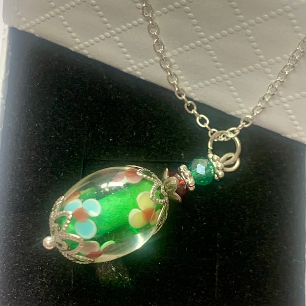 Lamp work Glass Bead and Crystal Pendant and Chain