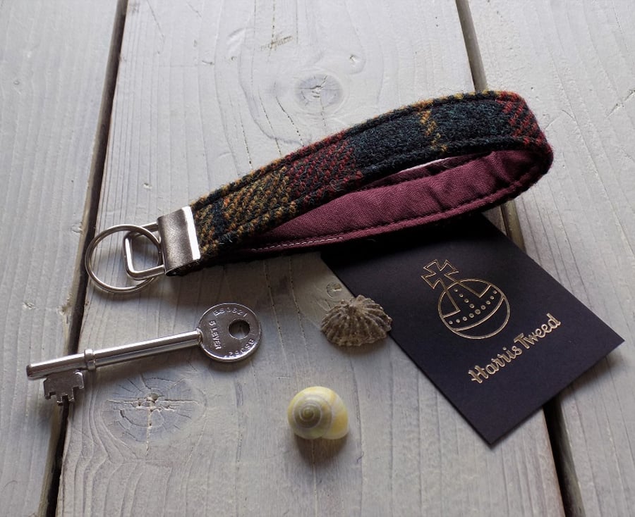 Harris Tweed key fob wrist strap in dark green, mustard and rust