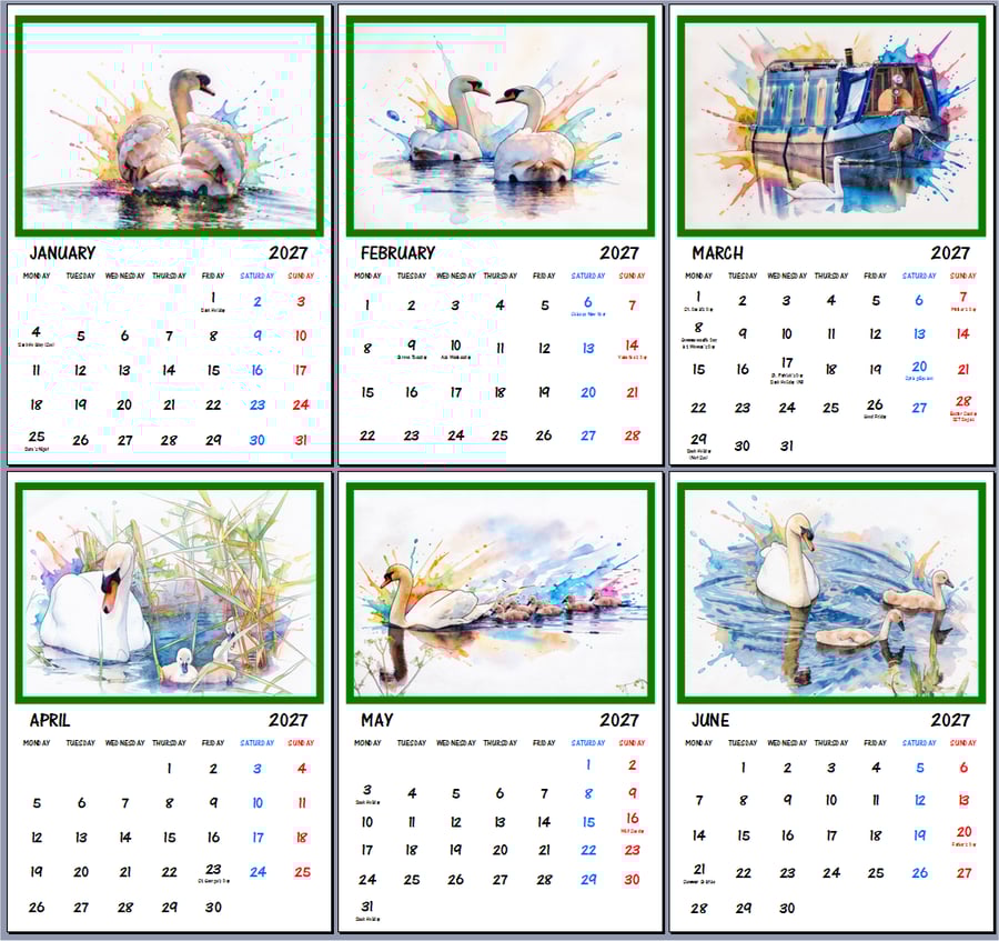 2027 Calendar Swans A4 Page Per Month 