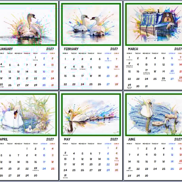 2027 Calendar Swans A4 Page Per Month 