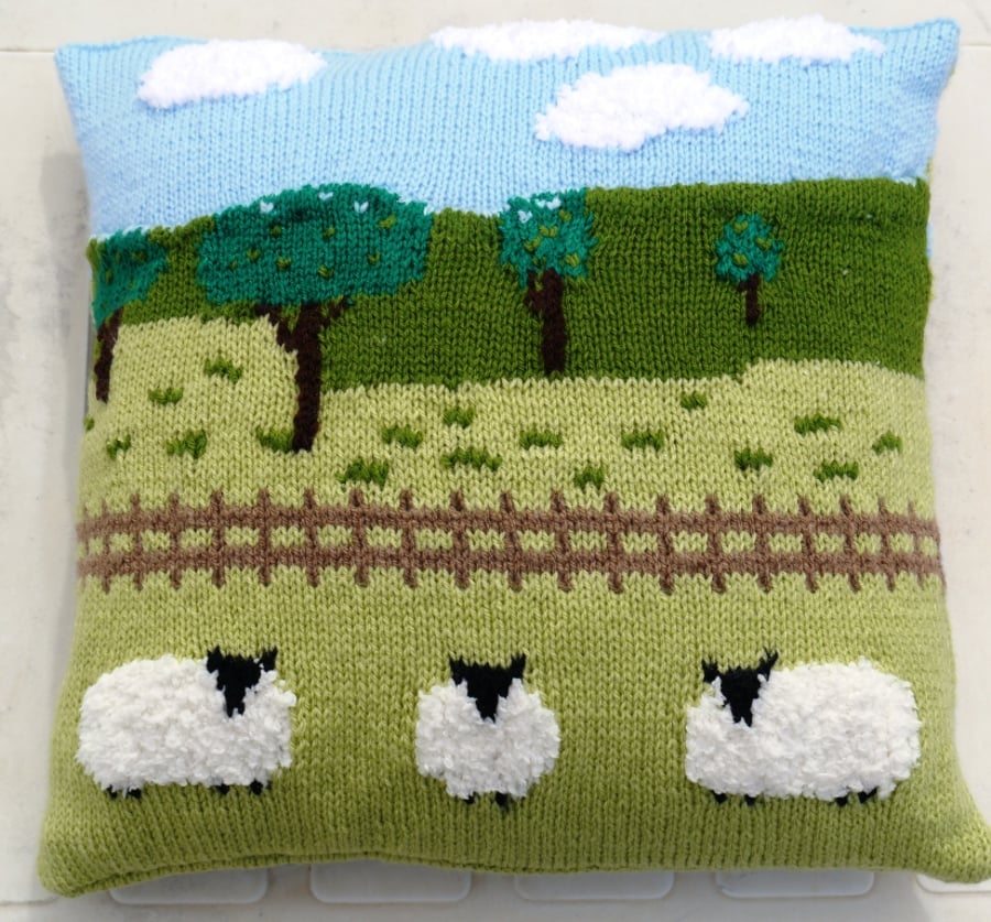 Knitting Pattern for Sheep in the Countryside Cushion.  Digital Pattern