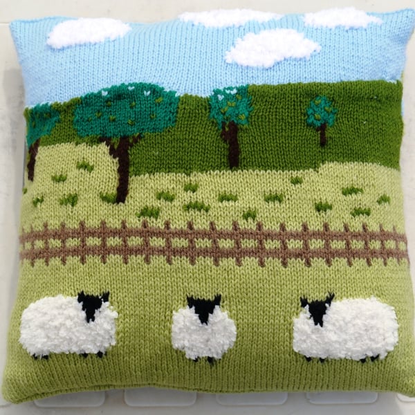 Knitting Pattern for Sheep in the Countryside Cushion.  Digital Pattern