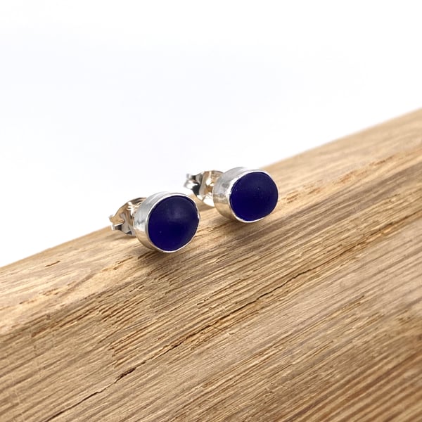 Dark Blue Sea Glass Stud Earrings