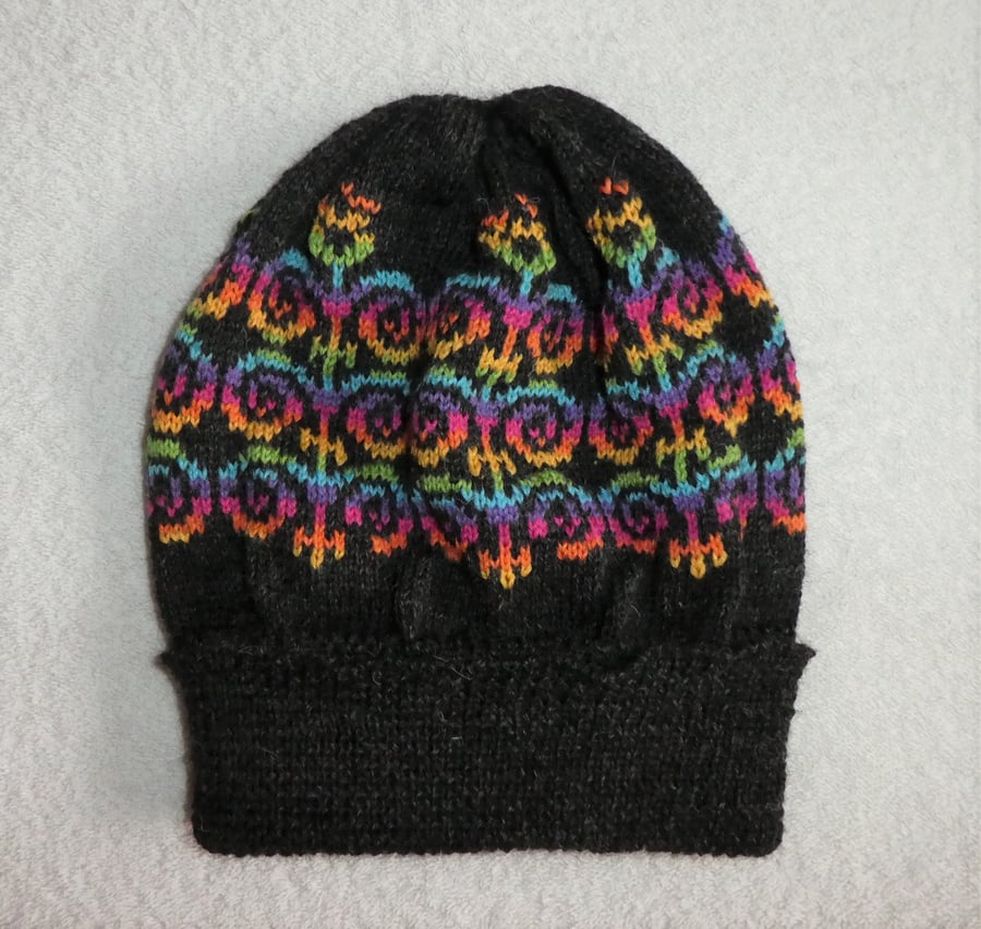 Fair Isle Hat Knitted in 4 ply Wool  with Rainbow Design